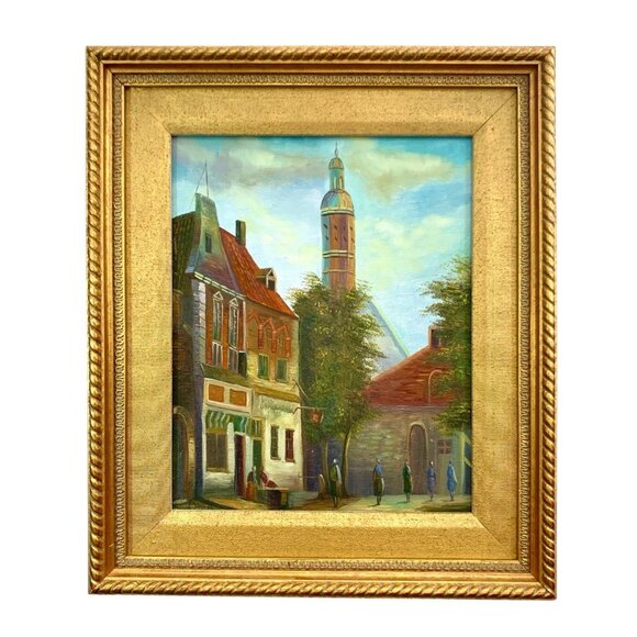 Painting European CityScape Oil on Canvas Framed Vintage Art Decor - Picture 1 of 6